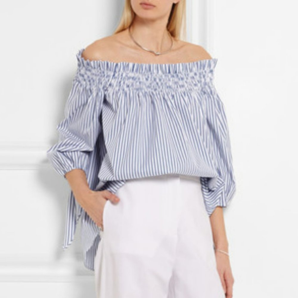 Caroline Constas "Lou" off the shoulder striped cotton blue/White top